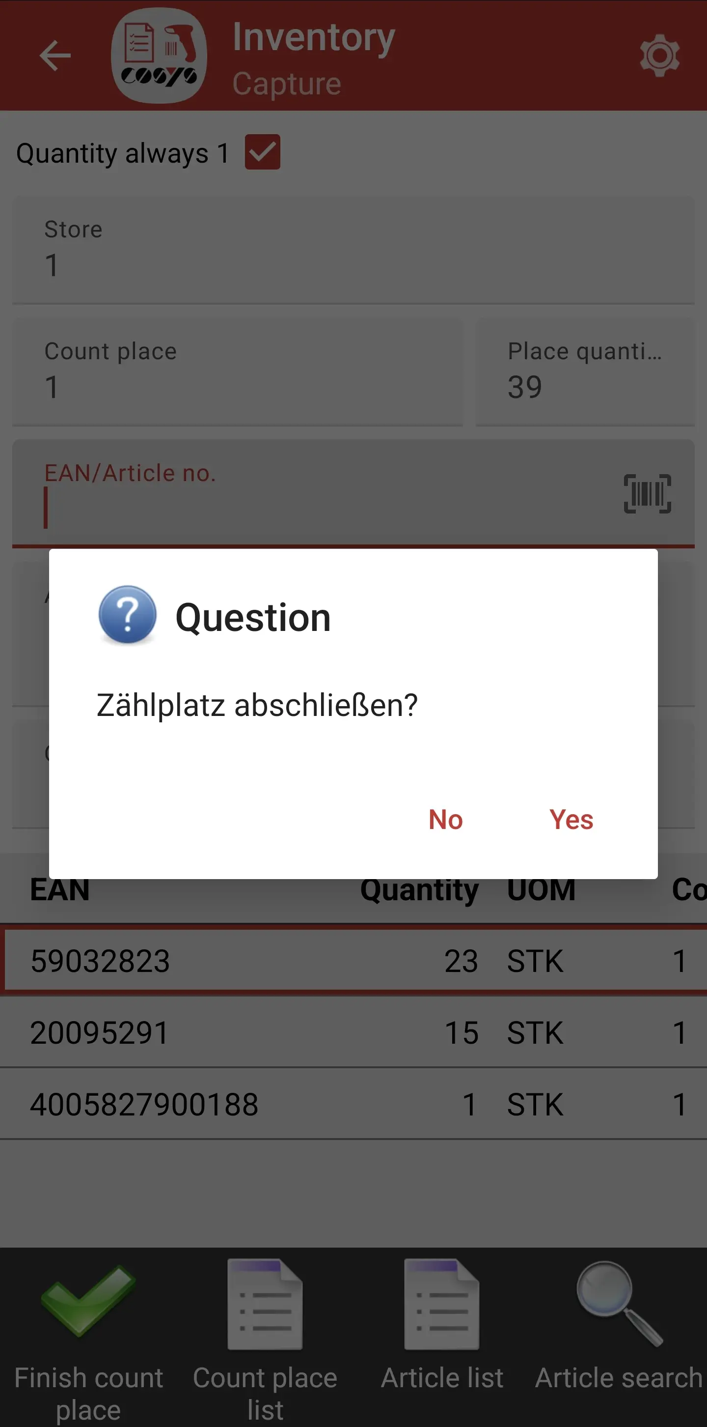 stock taking application count place completion